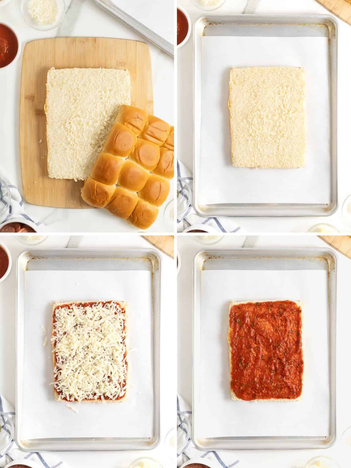 Steps to make cheesy garlic pizza sliders.
