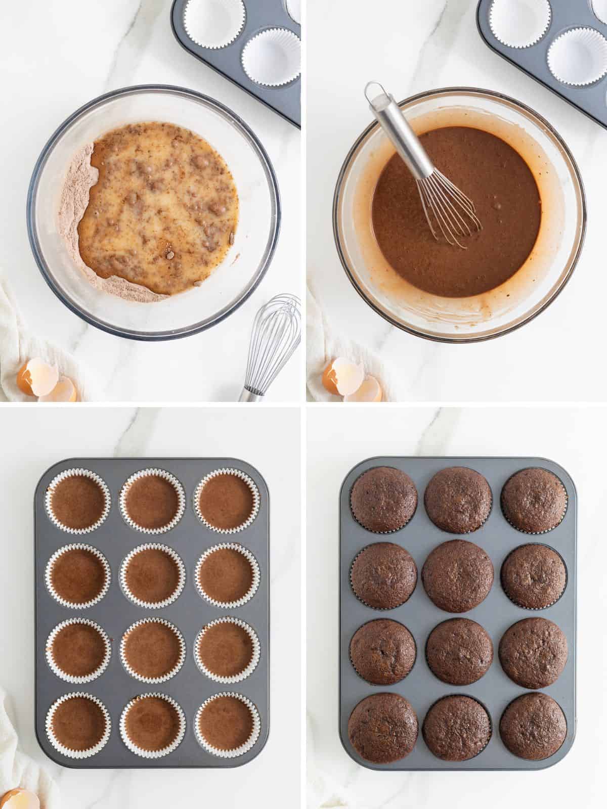 Steps to make classic chocolate cupcakes.