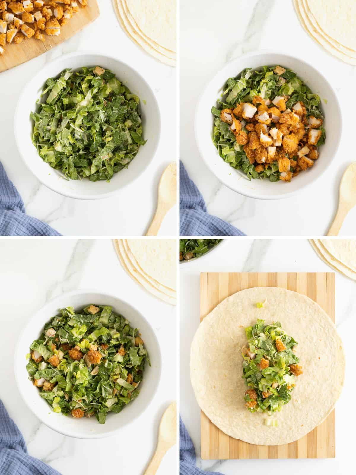 Steps to make hot honey chicken caesar wraps.
