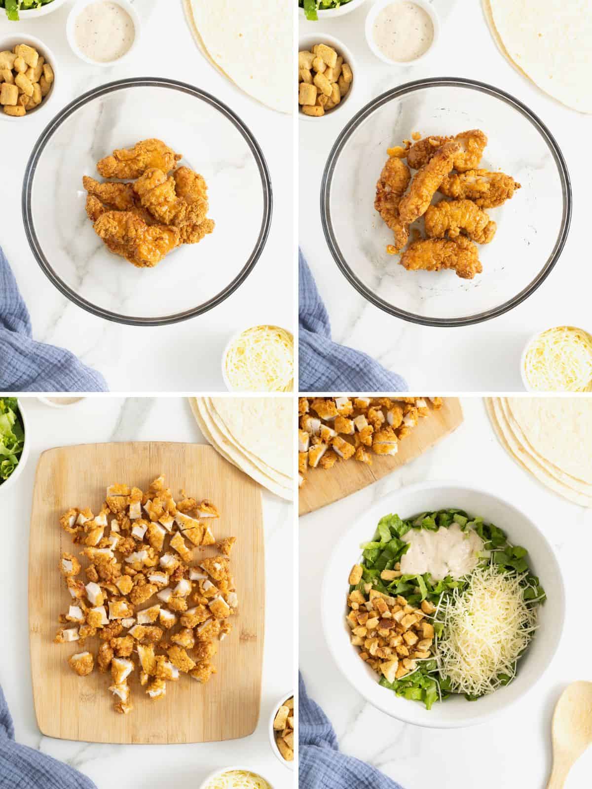 Steps to make hot honey chicken caesar wraps. 