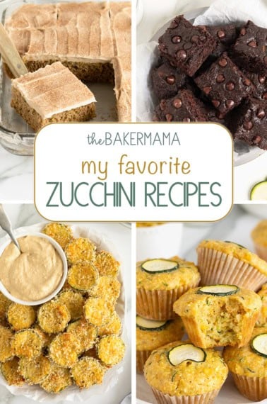 Zucchini cake with cinnamon frosting, dark chocolate zucchini brownies, baked zucchini chips, and zucchini sweet corn muffins.