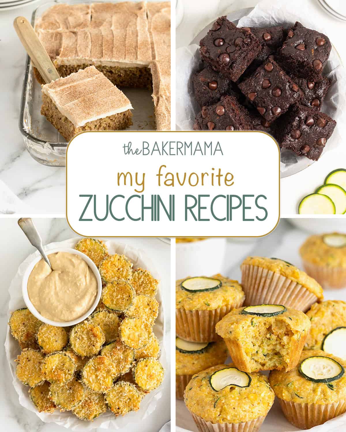 Zucchini cake with cinnamon frosting, dark chocolate zucchini brownies, baked zucchini chips, and zucchini sweet corn muffins.