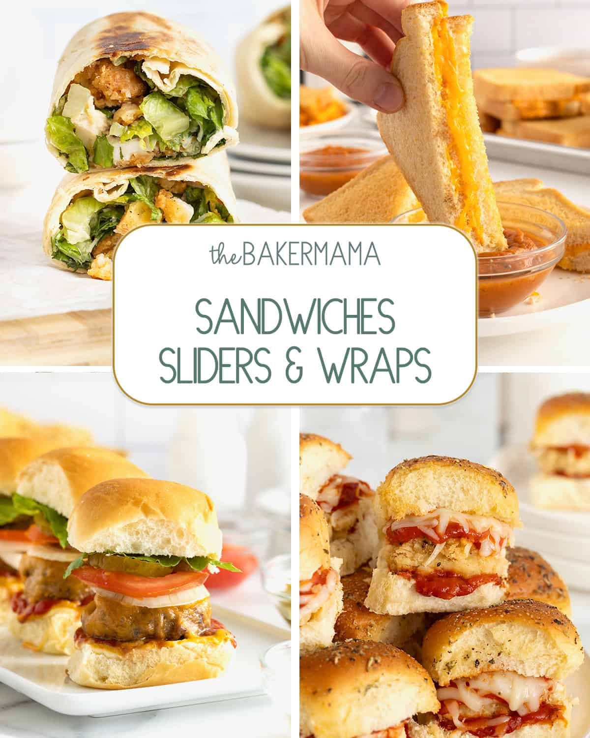 Hot Chicken Caesar Salad Wraps, Grilled Cheese, Skillet Sliders, and Chicken Parm Sliders.