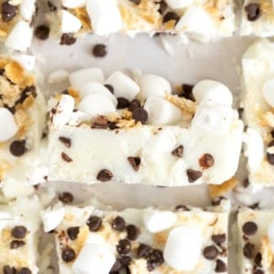 Frozen yogurt s'mores bars on a white surface.