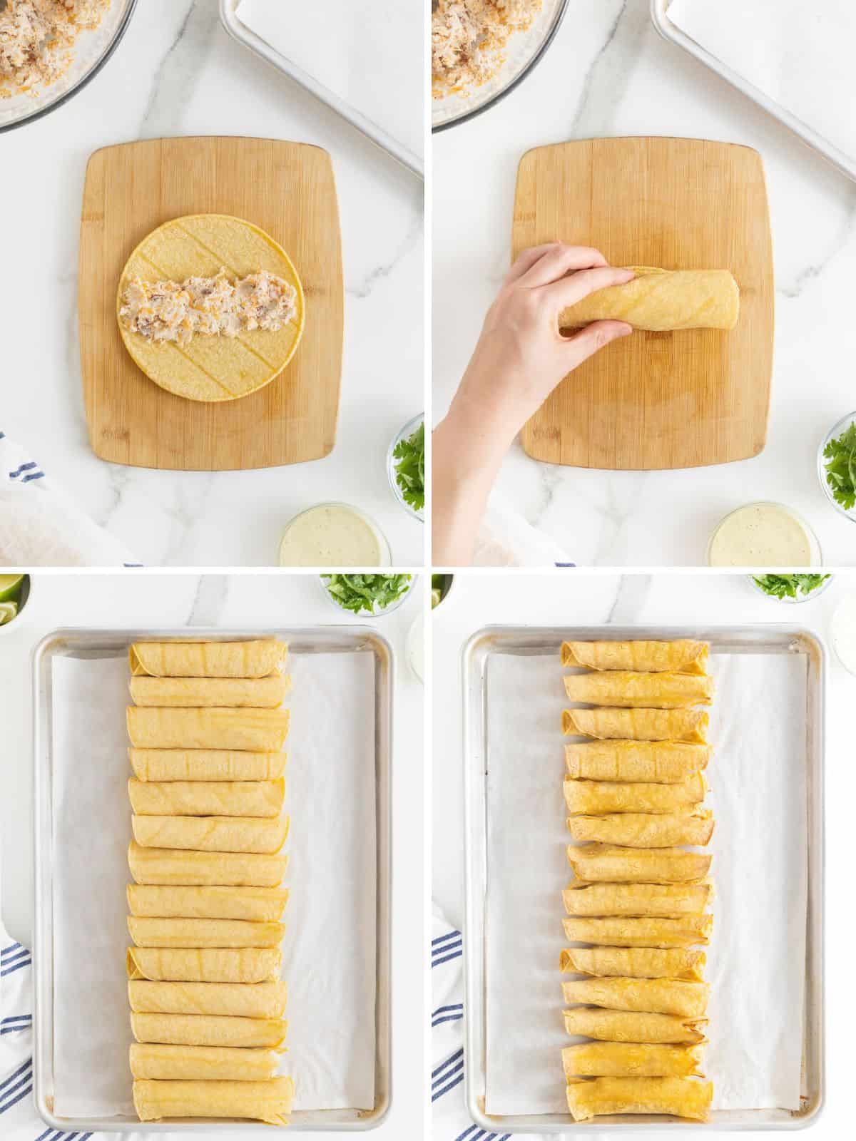 Steps to make bacon cheddar ranch chicken taquitos.