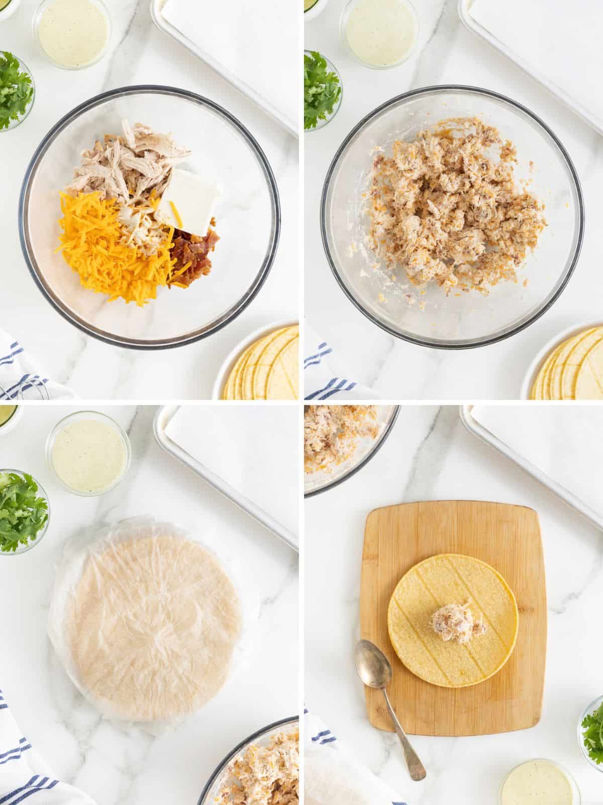 Steps to make bacon cheddar ranch chicken taquitos.