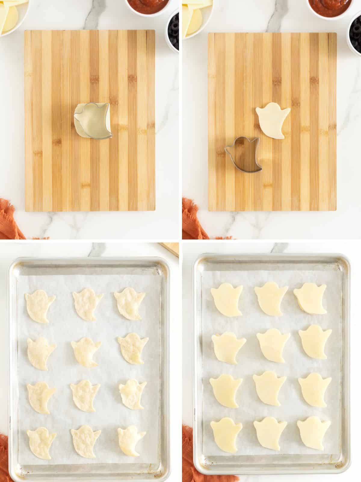 Steps to make ghost tortilla pizzas.