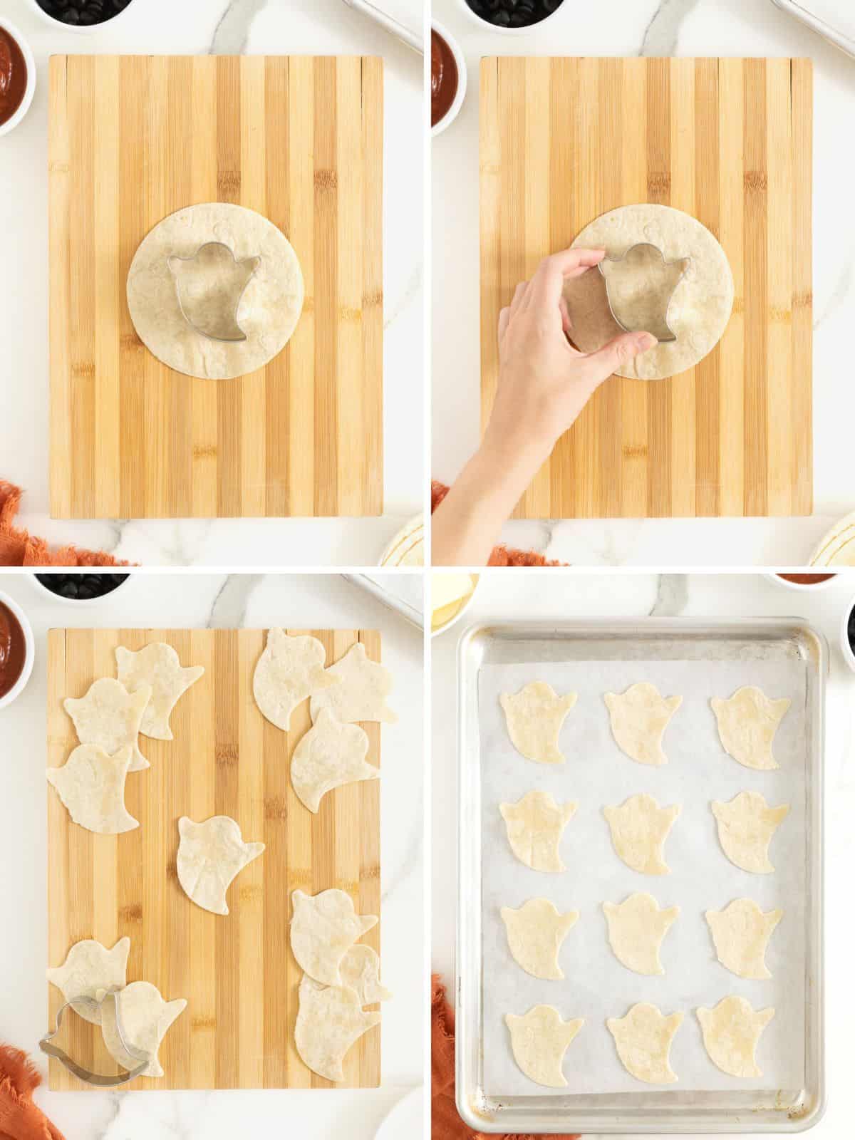 Steps to make ghost tortilla pizzas.