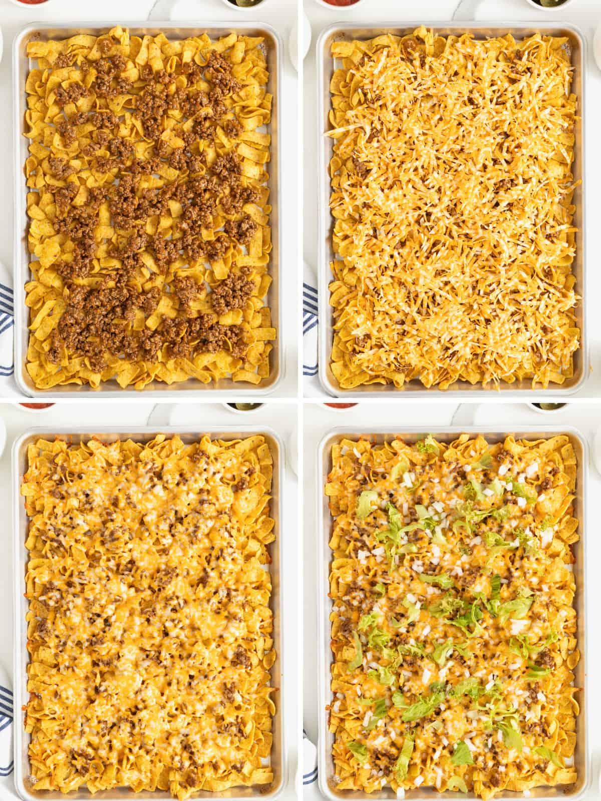 Steps to make sheet pan walking tacos.