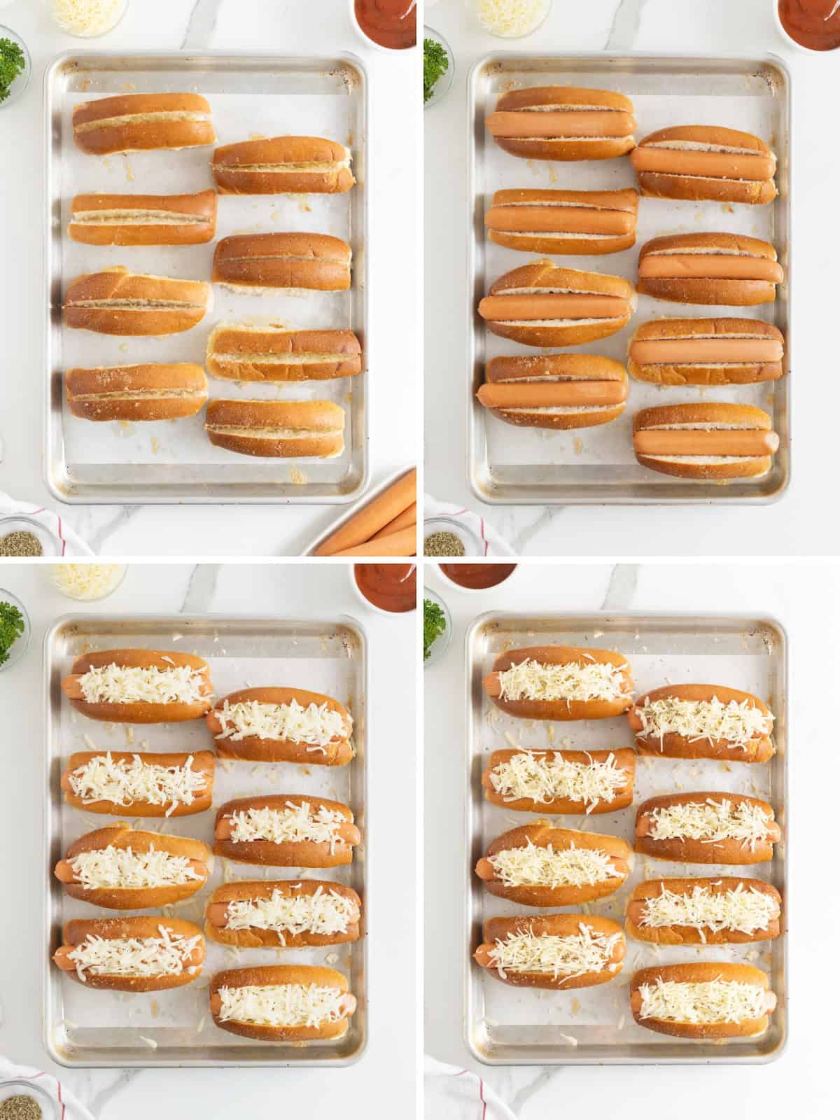 Steps to make cheesy garlic bread hot dogs.