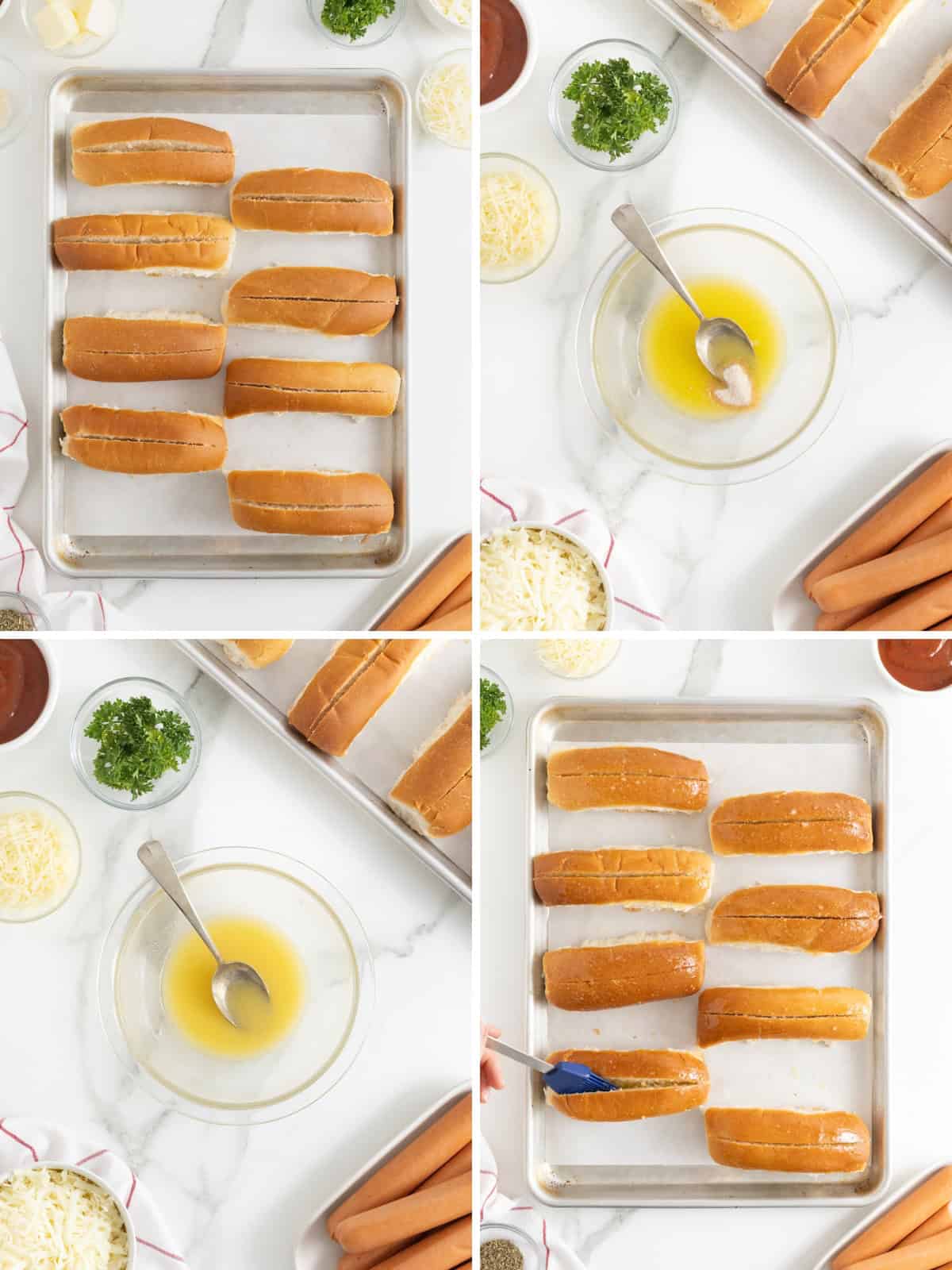 Steps to make cheesy garlic bread hot dogs.