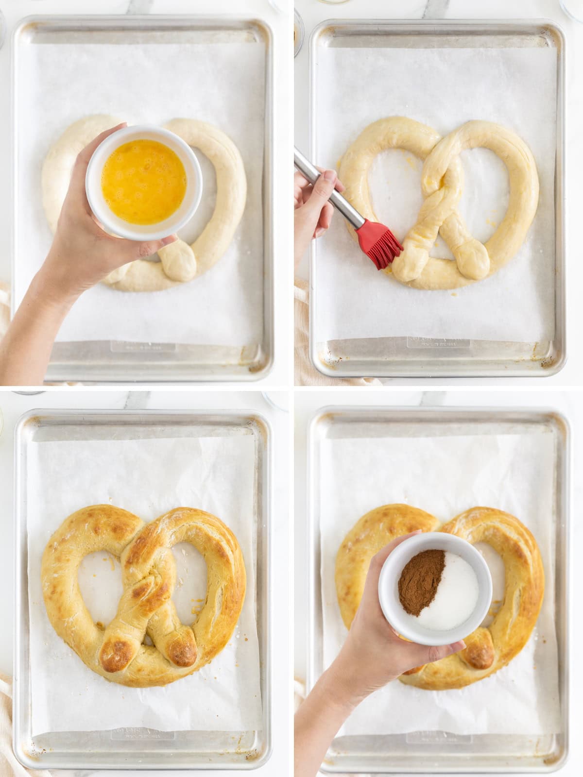 Steps to make a cinnamon sugar jumbo soft pretzel.