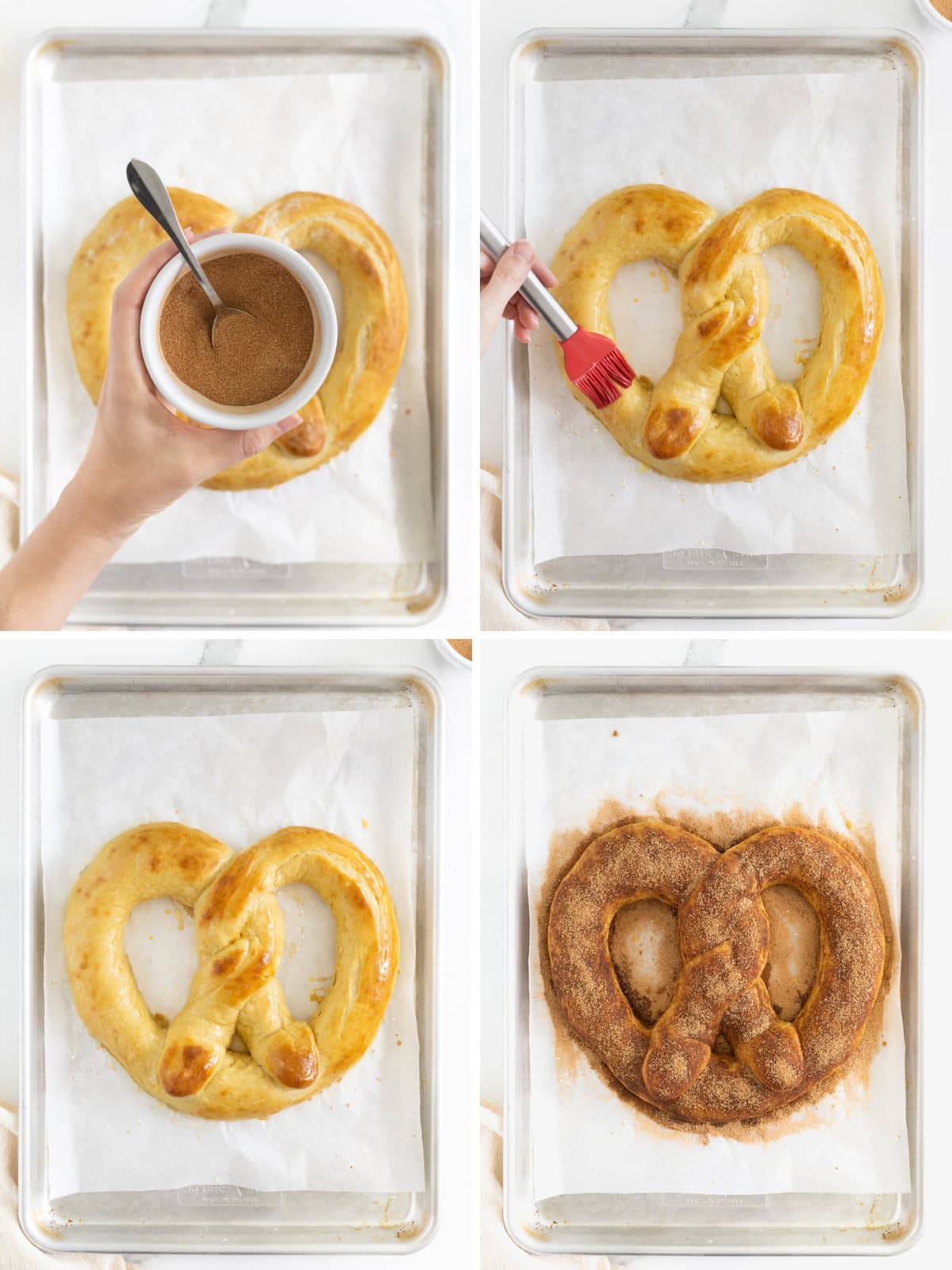 Steps to make a jumbo soft pretzel covered in cinnamon sugar.