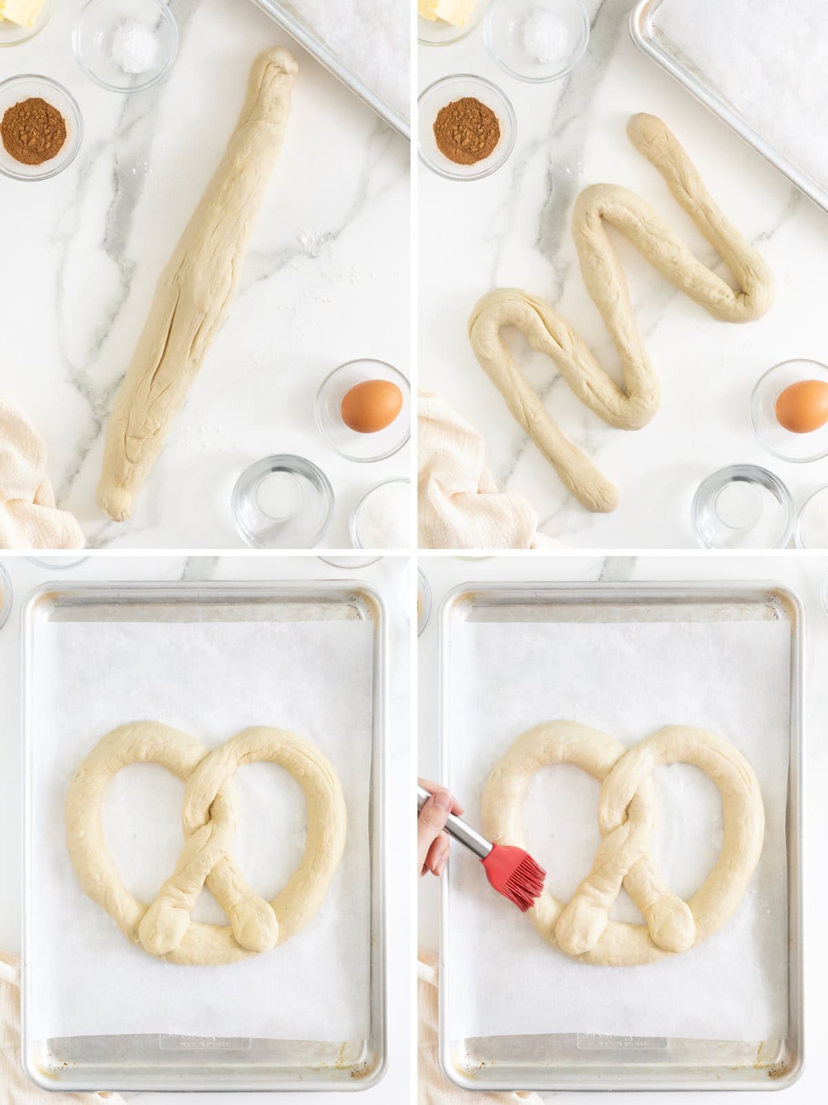 Steps to make a jumbo cinnamon sugar soft pretzel.