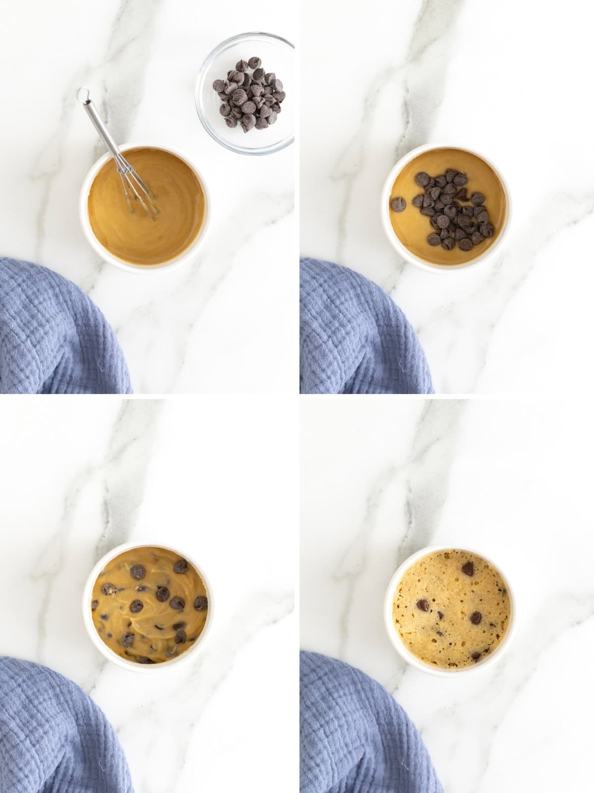 Steps to make a single serve chocolate chip cookie in the microwave.